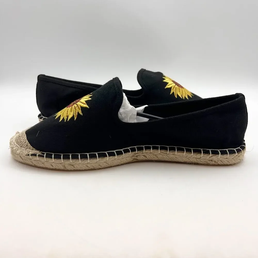 Coldwater Creek Womens Espadrille Flats 8.5 Wide Black Canvas Sunflower NIB